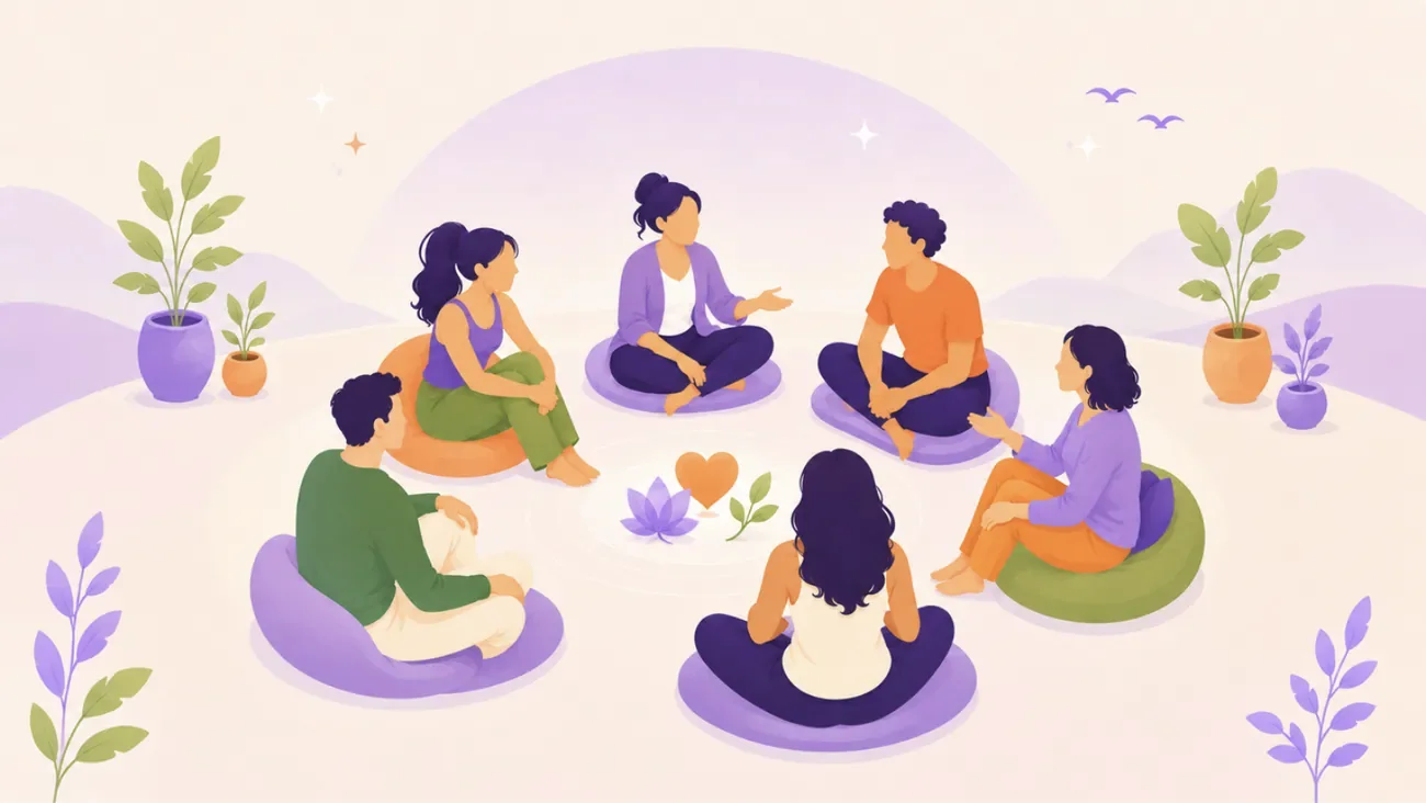 Seven people sitting in a circle on cushions, talking