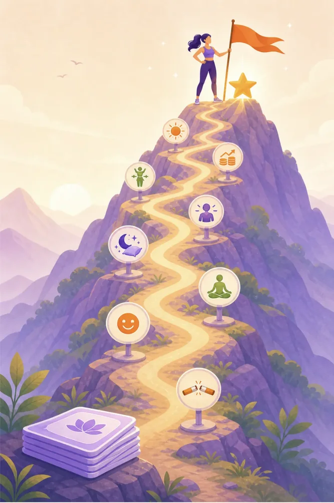 A woman with a flag on a mountain top, with life goals along the path