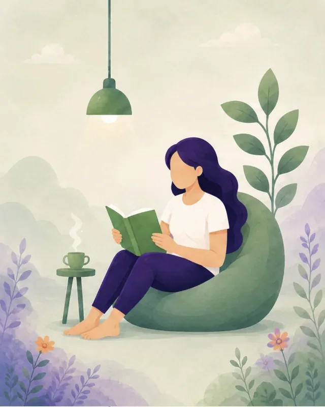 A woman reading in a green bean bag chair
