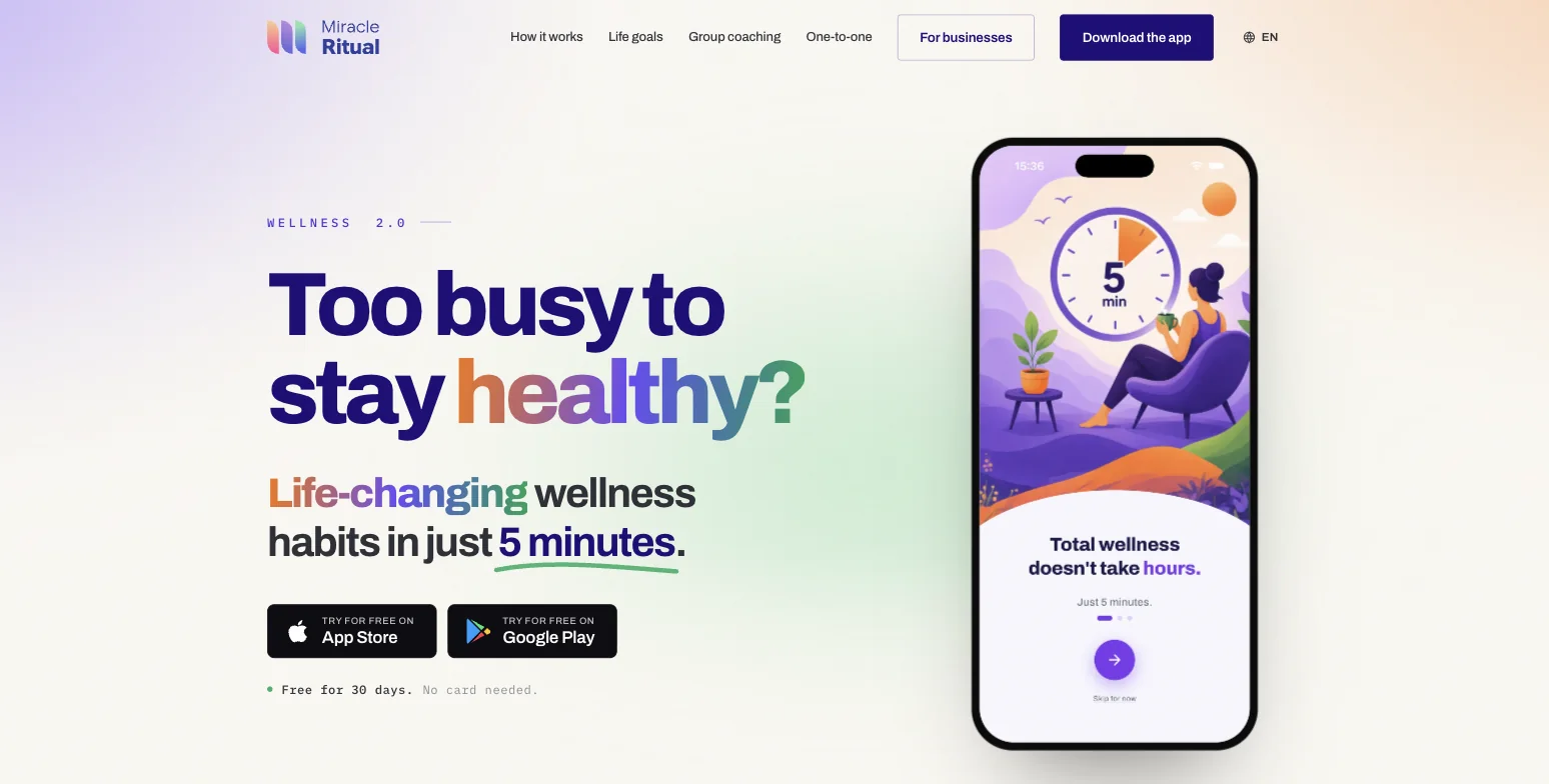 The Miracle Ritual website, with the app's welcome screen on a phone: too busy to stay healthy?